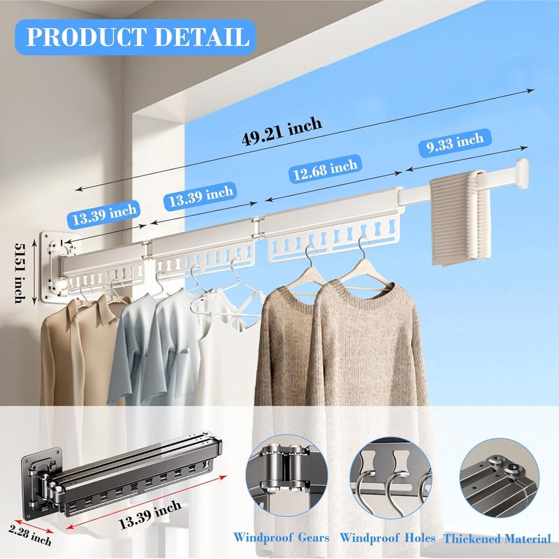 HGZBS Clothes Drying Rack Wall-Mounted, 3-Fold Retractable Clothes Hanger with Windproof Holes & Detachable Design, Sturdy Foldable Laundry Rack for Balcony, Bathroom Use (Cream White) - Image 2